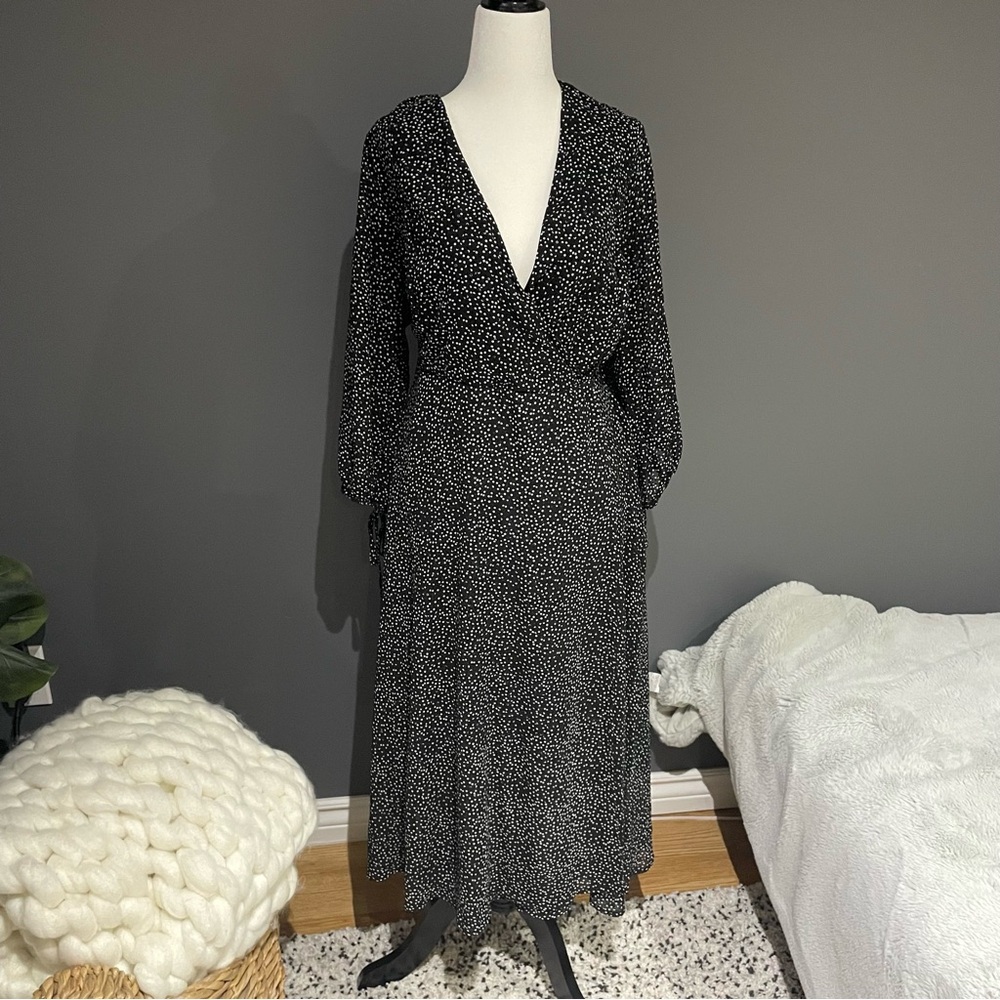 Torrid Faux Wrap Dress - Black with White and Black Velvet Polka Dots